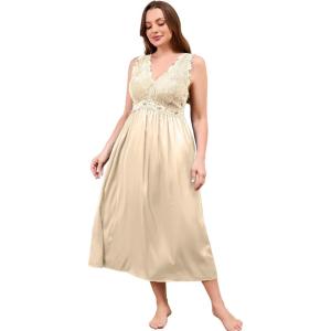 imageALCEA ROSEA Plus Size Womens Sexy Lace Full length Silky Nightgowns Oversized Elegant Lingerie V Neck Sleeveless Sleepwear123champagne