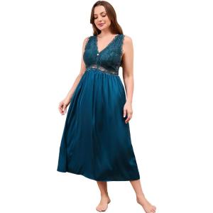 imageALCEA ROSEA Plus Size Womens Sexy Lace Full length Silky Nightgowns Oversized Elegant Lingerie V Neck Sleeveless Sleepwear123dark Green