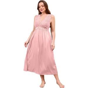 imageALCEA ROSEA Plus Size Womens Sexy Lace Full length Silky Nightgowns Oversized Elegant Lingerie V Neck Sleeveless Sleepwear123pink