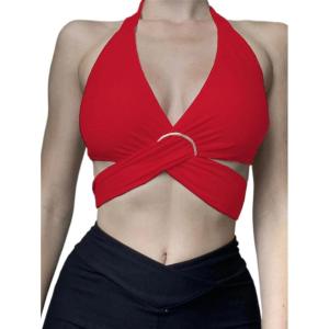 imageALCEA ROSEA Sexy Satin Crop Tops for Women Sleeveless Deep V Neck Cami Tank Top Chic Slim Fitted Cropped Camisole1829red