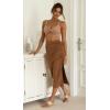 imageALCEA ROSEA Womens Bodycon Ruched Skirt Stretchy Basic Midi Draw Pleated Skirts with Two Side SlitKhaki