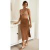 imageALCEA ROSEA Womens Bodycon Ruched Skirt Stretchy Basic Midi Draw Pleated Skirts with Two Side SlitKhaki