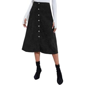 imageALCEA ROSEA Corduroy Midi Skirt for Women Aline Pleated Faux Suede Skirt Button Closure Casual High Wasit Long Skirt 7826Black