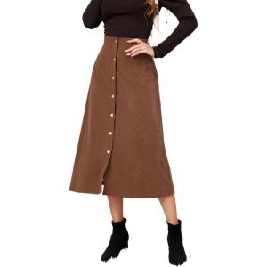 imageALCEA ROSEA Corduroy Midi Skirt for Women Aline Pleated Faux Suede Skirt Button Closure Casual High Wasit Long Skirt 7826Brown