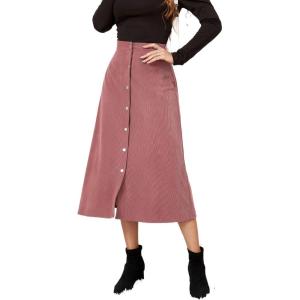 imageALCEA ROSEA Corduroy Midi Skirt for Women Aline Pleated Faux Suede Skirt Button Closure Casual High Wasit Long Skirt 7826Pink