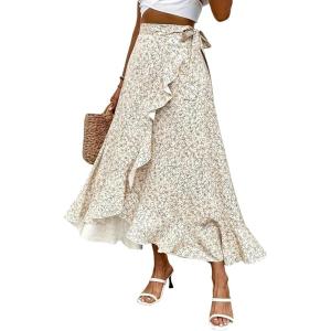 imageALCEA ROSEA Floral Print Ruffle Waist Maxi Skirt for Women with Side Adjustable Waistband 7895Beige