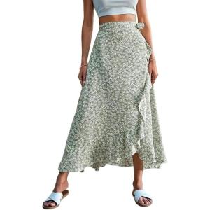 imageALCEA ROSEA Floral Print Ruffle Waist Maxi Skirt for Women with Side Adjustable Waistband 7895Green