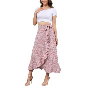 imageALCEA ROSEA Floral Print Ruffle Waist Maxi Skirt for Women with Side Adjustable Waistband 7895Pink