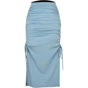 imageALCEA ROSEA Womens Bodycon Ruched Skirt Stretchy Basic Midi Draw Pleated Skirts with Two Side SlitSky Blue