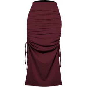 imageALCEA ROSEA Womens Bodycon Ruched Skirt Stretchy Basic Midi Draw Pleated Skirts with Two Side SlitWine