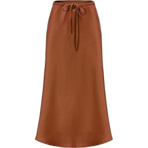 imageALCEA ROSEA Womens Maxi Satin Silky Skirt Elastic Drawstring Flared High Waisted Aline Elegant Wedding Long Skirts 7820Brown