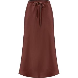 imageALCEA ROSEA Womens Maxi Satin Silky Skirt Elastic Drawstring Flared High Waisted Aline Elegant Wedding Long Skirts 7820Khaki