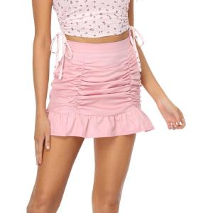 imageALCEA ROSEA Womens Ruched Mini Skirt High Waisted A Line Flared Ruffle Short Skirts for Vacation Outfits Rave 7882Pink