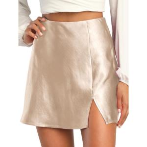 imageALCEA ROSEA Womens Satin Silky Mini Skirt High Waist ALine Short Skirts Solid Slit Front Skirts for Women 7802Beige