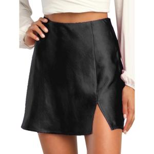 imageALCEA ROSEA Womens Satin Silky Mini Skirt High Waist ALine Short Skirts Solid Slit Front Skirts for Women 7802Black