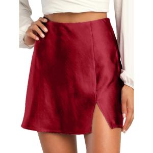 imageALCEA ROSEA Womens Satin Silky Mini Skirt High Waist ALine Short Skirts Solid Slit Front Skirts for Women 7802Burgundy