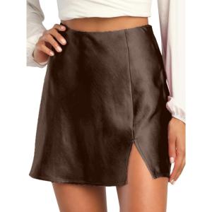 imageALCEA ROSEA Womens Satin Silky Mini Skirt High Waist ALine Short Skirts Solid Slit Front Skirts for Women 7802Dark Brown