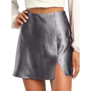 imageALCEA ROSEA Womens Satin Silky Mini Skirt High Waist ALine Short Skirts Solid Slit Front Skirts for Women 7802Dark Grey