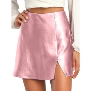 imageALCEA ROSEA Womens Satin Silky Mini Skirt High Waist ALine Short Skirts Solid Slit Front Skirts for Women 7802Dirty Pink