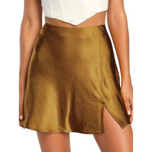 imageALCEA ROSEA Womens Satin Silky Mini Skirt High Waist ALine Short Skirts Solid Slit Front Skirts for Women 7802Gold
