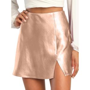 imageALCEA ROSEA Womens Satin Silky Mini Skirt High Waist ALine Short Skirts Solid Slit Front Skirts for Women 7802Nude Pink