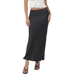imageALCEA ROSEA Womens Silky Satin Maxi Skirt Lace Waistband High Waist Elastic Fishtail Work Elegant Flowy Long Skirts 7880Black
