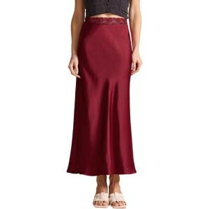 imageALCEA ROSEA Womens Silky Satin Maxi Skirt Lace Waistband High Waist Elastic Fishtail Work Elegant Flowy Long Skirts 7880Wine