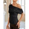 imageALCEA ROSEA Womens Off Shoulder Tops Satin Silky Batwing Shirts Solid Tanks Blouse Elegant Office Work Tunics1826black