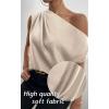 imageALCEA ROSEA Womens Off Shoulder Tops Satin Silky Batwing Shirts Solid Tanks Blouse Elegant Office Work TunicsBeige