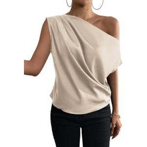 imageALCEA ROSEA Womens Off Shoulder Tops Satin Silky Batwing Shirts Solid Tanks Blouse Elegant Office Work TunicsBeige