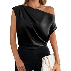 imageALCEA ROSEA Womens Off Shoulder Tops Satin Silky Batwing Shirts Solid Tanks Blouse Elegant Office Work TunicsBlack