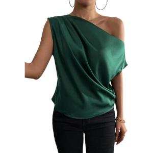 imageALCEA ROSEA Womens Off Shoulder Tops Satin Silky Batwing Shirts Solid Tanks Blouse Elegant Office Work TunicsDark Green