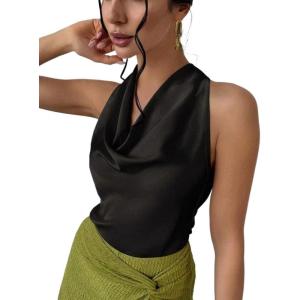imageALCEA ROSEA Womens Silky Satin Camisole Halter Wrap Tie Back Cowl Neck Sleeveless Draped Backless Blouse Tank Top 1888Black
