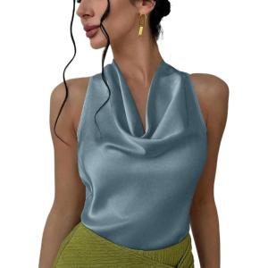 imageALCEA ROSEA Womens Silky Satin Camisole Halter Wrap Tie Back Cowl Neck Sleeveless Draped Backless Blouse Tank Top 1888Blue