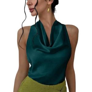 imageALCEA ROSEA Womens Silky Satin Camisole Halter Wrap Tie Back Cowl Neck Sleeveless Draped Backless Blouse Tank Top 1888Dark Green