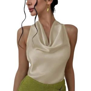 imageALCEA ROSEA Womens Silky Satin Camisole Halter Wrap Tie Back Cowl Neck Sleeveless Draped Backless Blouse Tank Top 1888Milk Tea