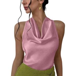 imageALCEA ROSEA Womens Silky Satin Camisole Halter Wrap Tie Back Cowl Neck Sleeveless Draped Backless Blouse Tank Top 1888Pale Pink