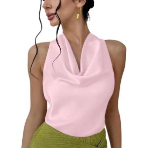 imageALCEA ROSEA Womens Silky Satin Camisole Halter Wrap Tie Back Cowl Neck Sleeveless Draped Backless Blouse Tank Top 1888Pink