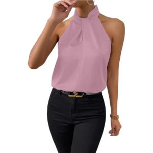 imageALCEA ROSEA Womens Silky Satin Camisole Top Twist Front Halter Sleeveless Satin Blouse Keyhole Back Tank Top 1889Pink