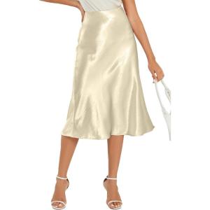imageALCEA ROSEA Womens Satin High Waisted Silk Aline Wedding Elegant Elastic Midi Skirt7212beige