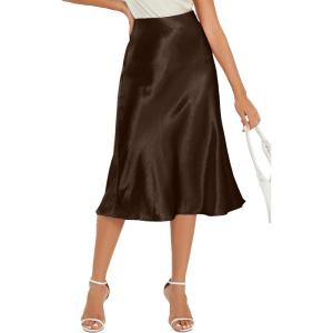 imageALCEA ROSEA Womens Satin High Waisted Silk Aline Wedding Elegant Elastic Midi Skirt7212brown