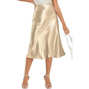 imageALCEA ROSEA Womens Satin High Waisted Silk Aline Wedding Elegant Elastic Midi Skirt7212champagne