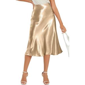 imageALCEA ROSEA Womens Satin High Waisted Silk Aline Wedding Elegant Elastic Midi Skirt7212dark Champagne