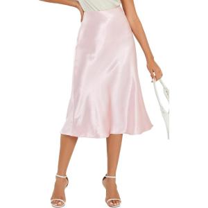 imageALCEA ROSEA Womens Satin High Waisted Silk Aline Wedding Elegant Elastic Midi Skirt7212pink