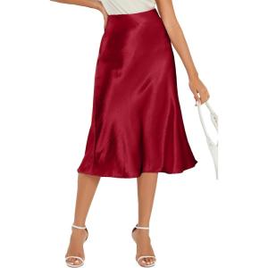 imageALCEA ROSEA Womens Satin High Waisted Silk Aline Wedding Elegant Elastic Midi Skirt7212wine