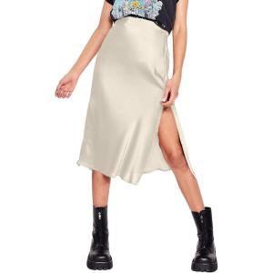 imageALCEA ROSEA Womens Silky Satin Midi Skirt High Waist Elastic Waist A Line Skirt with Slit7896beige