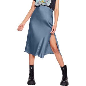 imageALCEA ROSEA Womens Silky Satin Midi Skirt High Waist Elastic Waist A Line Skirt with Slit7896blue