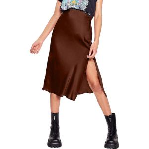 imageALCEA ROSEA Womens Silky Satin Midi Skirt High Waist Elastic Waist A Line Skirt with Slit7896dark Brown