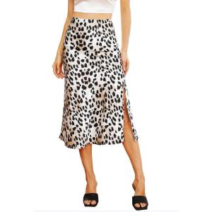 imageALCEA ROSEA Womens Silky Satin Midi Skirt High Waist Elastic Waist A Line Skirt with SlitLeopard