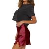 imageALCEA ROSEA Womens Satin Silky Lace Trim Split Mini Skirt Slit Hem High Waist ALine Short Skirt Solid Slit Skirts for WomenBurgundy